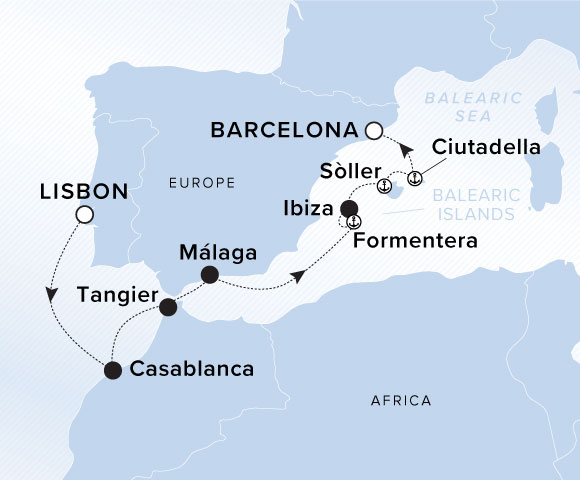 The yacht's journey into the Mediterranean Sea mapped from Lisbon, Portugal through Casablanca, Tangier, Malaga, Formentera, Ibiza, Soller, Ciutadella and concluding in Barcelona, Spain.