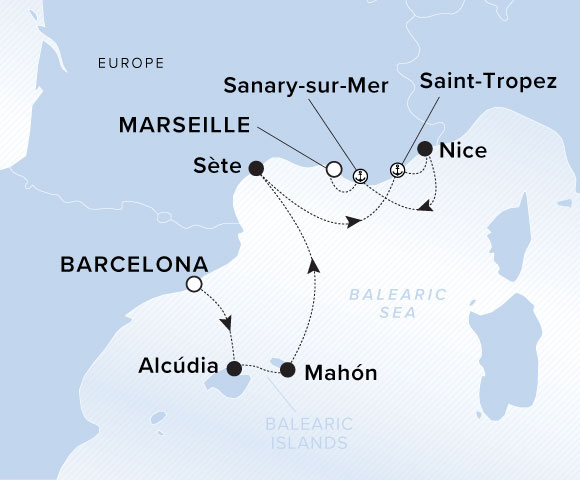 Mediterranean Sea map shows the yacht's journey plotted from Barcelona, Spain through Alcudia, Mahon, Sete, Saint-Tropez, Nice, Sanary-sur-Mer and concluding in Marseille, France.