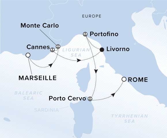 A map of the Mediterranean Sea with the yacht's journey plotted from Marseille, France through Monte Carlo, Cannes, Livorno, Porto Fino, Porto Cervo and Rome. 