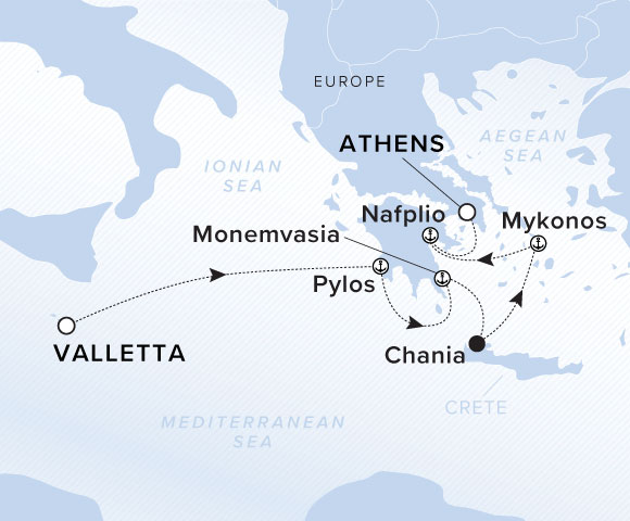 A map of the Mediterranean Sea with the yacht's voyage from Valletta, Malta through Pylos, Monemvasia, Chania, Mykonos, Nafplio, and ending in Athens, Greece.