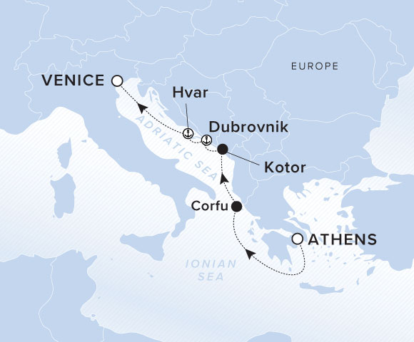 A map of the Ionian and Adriatic Seas, with the yacht's voyage from Athens, Greece to Corfu, Kotor, Dubrovnik, Hvar and ending in Venice, Italy.
