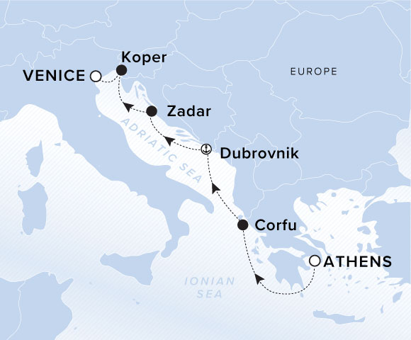A map showing the Adriatic Sea and Ionian Sea. A line shows the voyage route from Athens to Corfu, Dubrovnik, Zadar, koper and Venice.