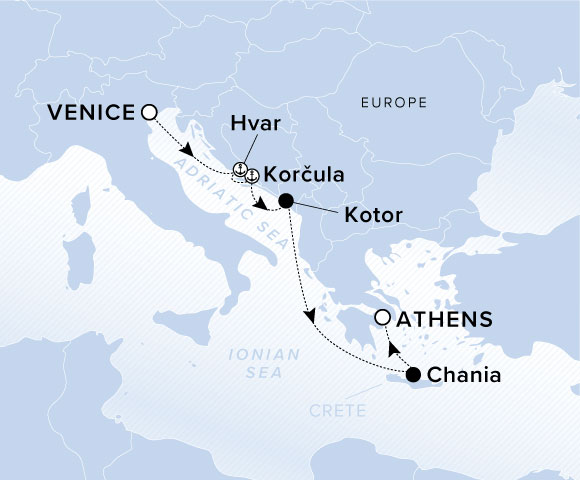 A map showing the Adriatic Sea and Ionian Sea. A line shows the voyage route from Venice to Hvar, Korcula, Kotor, Chania and Athens.