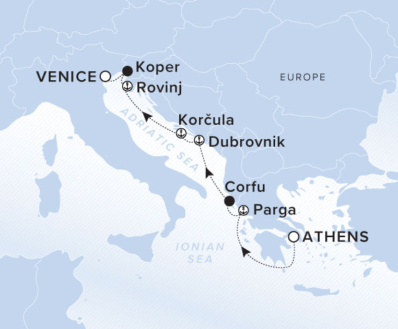A map showing the Adriatic Sea and Ionian Sea. A line shows the voyage route from Venice to Koper, Rovinj, Korcula, Dubrovnik, Corfu, Parga and Athens.