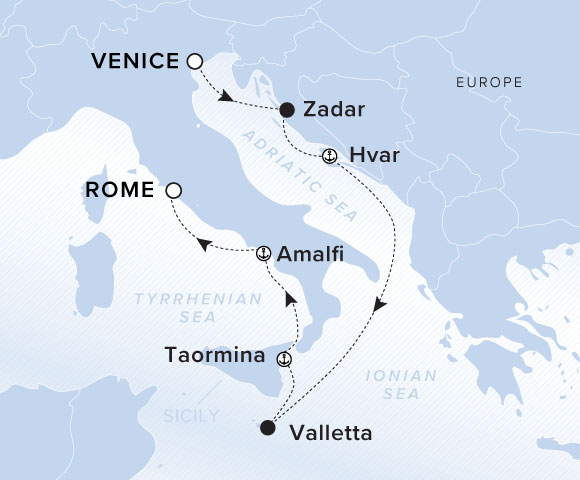 A map showing the Tyrrhenian Sea, Adriatic Sea and Ionian Sea. A line shows the voyage route from Venice to Zadar, Hvar, Valletta, Taormina, Amalfi and Rome.