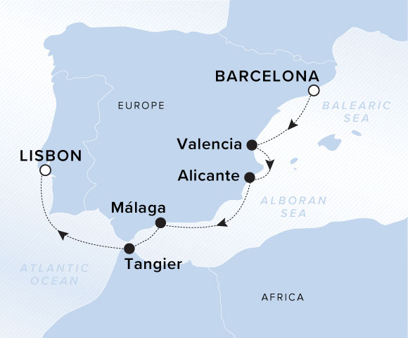A map showing the Atlantic Ocean, Alboran Sea and Balearic Sea. A line shows the voyage route from Barcelona to Valencia, Alicante, Malaga, Tangier and Lisbon.